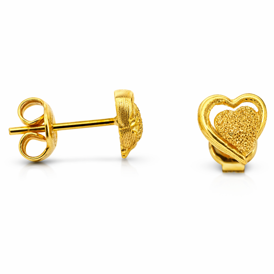 24K Yellow Gold Sandblast Heart Earrings