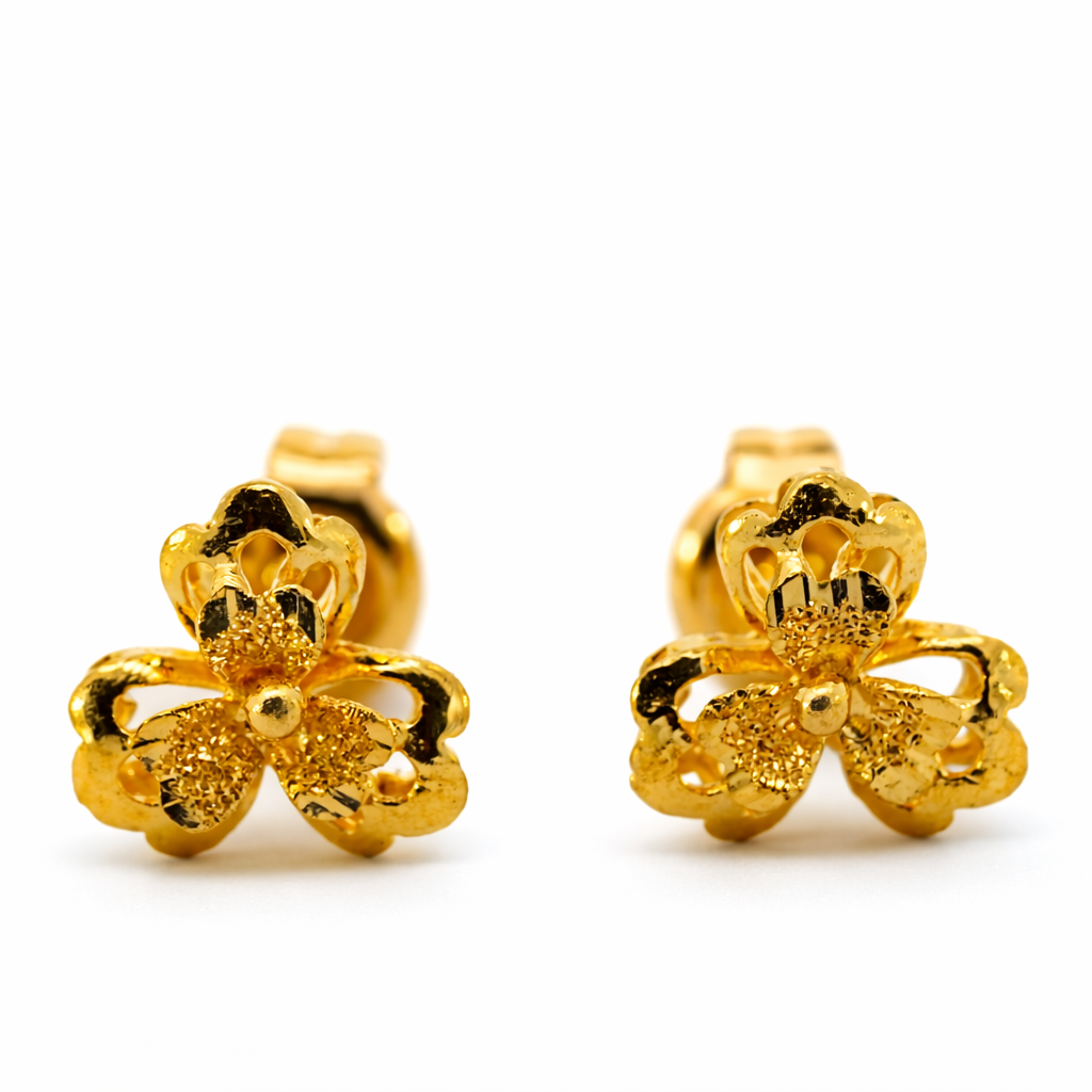 24K Yellow Gold Puffy Hibiscus Flowers Earrings