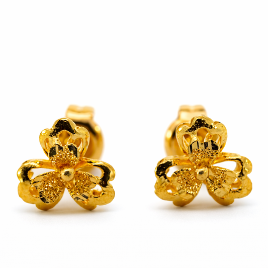 24K Yellow Gold Puffy Hibiscus Flowers Earrings