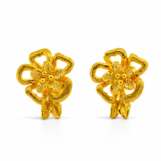 24K Yellow Gold Double Layer Hibiscus Earrings