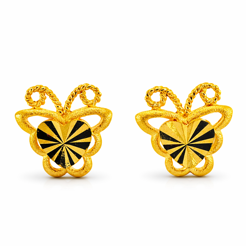 24K Yellow Gold Butterfly with Precision Cut Circle Earrings