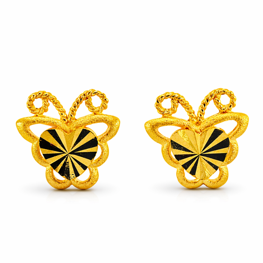 24K Yellow Gold Butterfly with Precision Cut Circle Earrings