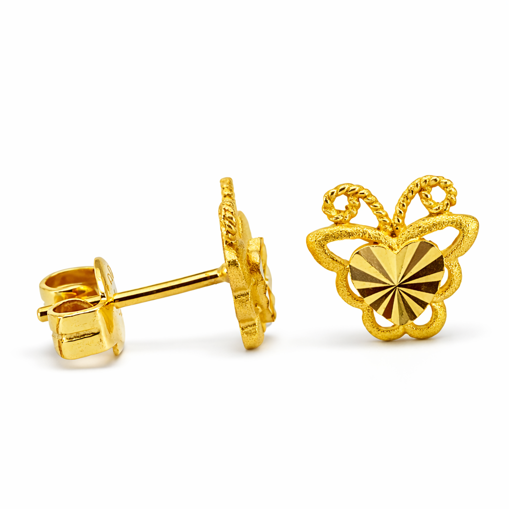 24K Yellow Gold Butterfly with Precision Cut Circle Earrings