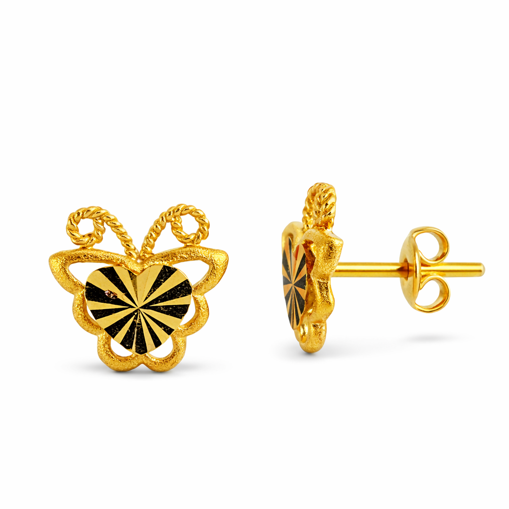 24K Yellow Gold Butterfly with Precision Cut Circle Earrings