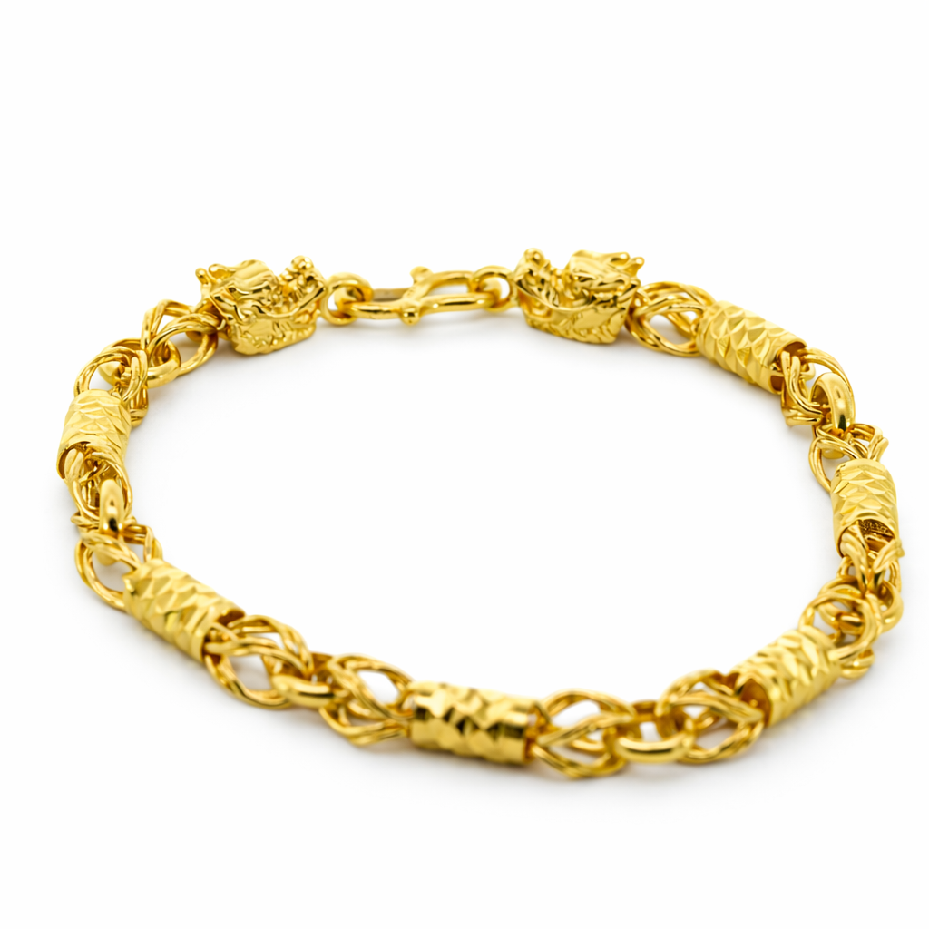 24K Yellow Gold Figaro & Lantern Link with Dragon Heads Bracelet - 7.5 Inch