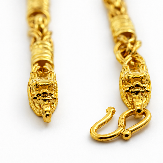 24K Yellow Gold Figaro & Lantern Link with Dragon Heads Bracelet - 7.5 Inch