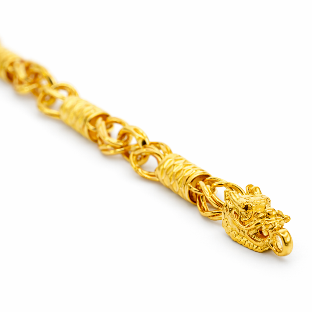 24K Yellow Gold Figaro & Lantern Link with Dragon Heads Bracelet - 7.5 Inch