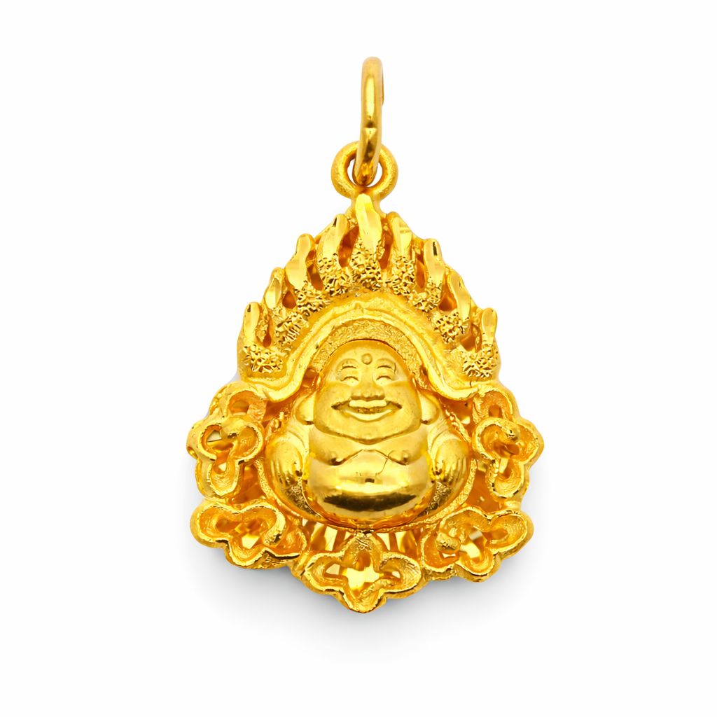 24K Yellow Gold Laughing Buddha Flaming Border Precision Cut Background Pendant