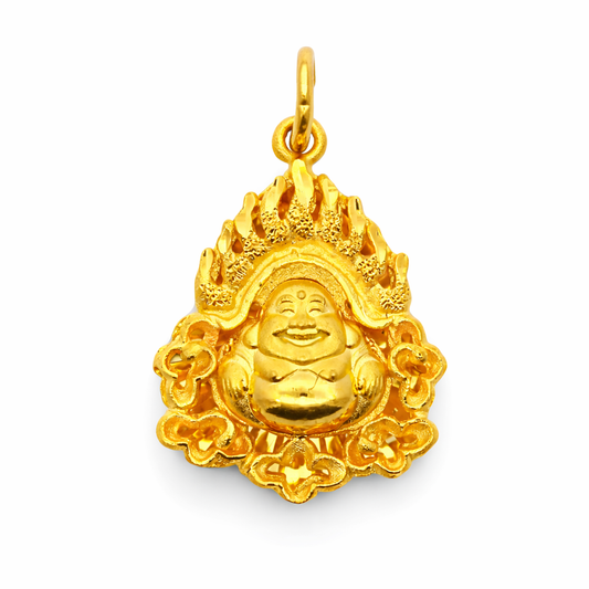 24K Yellow Gold Laughing Buddha Flaming Border Precision Cut Background Pendant