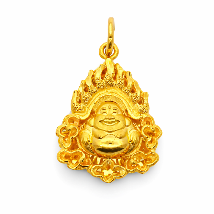 24K Yellow Gold Laughing Buddha Flaming Border Precision Cut Background Pendant