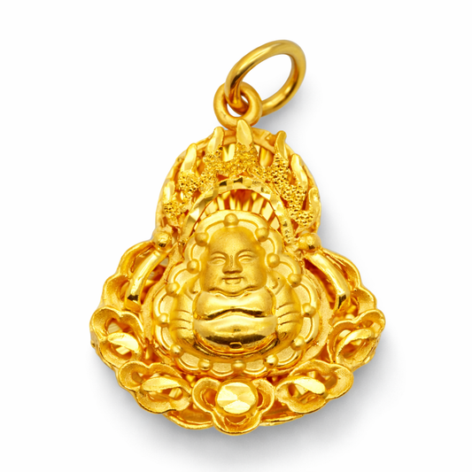 24K Yellow Gold Lady Buddha Flaming Border Precision Cut Background Pendant