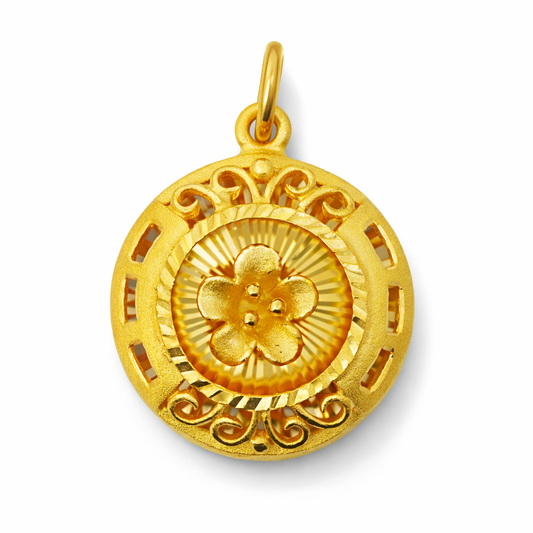 24K Yellow Gold Circle hibiscus with Precision Cut Pendant