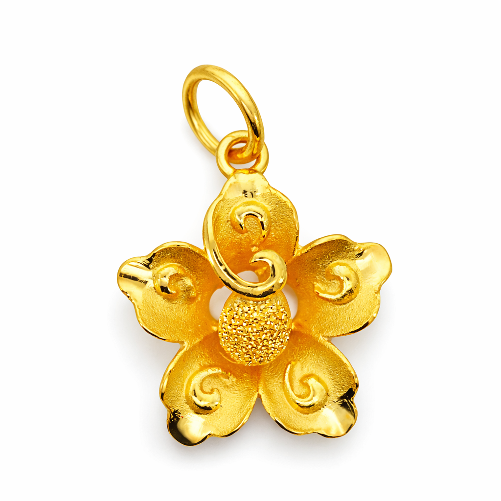 24K Yellow Gold Matte 5 Petal Flower Pendant