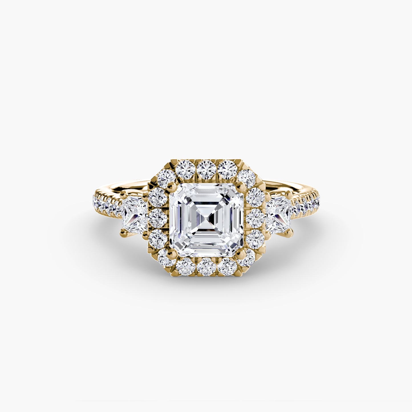 Anillo de tres piedras con halo 2