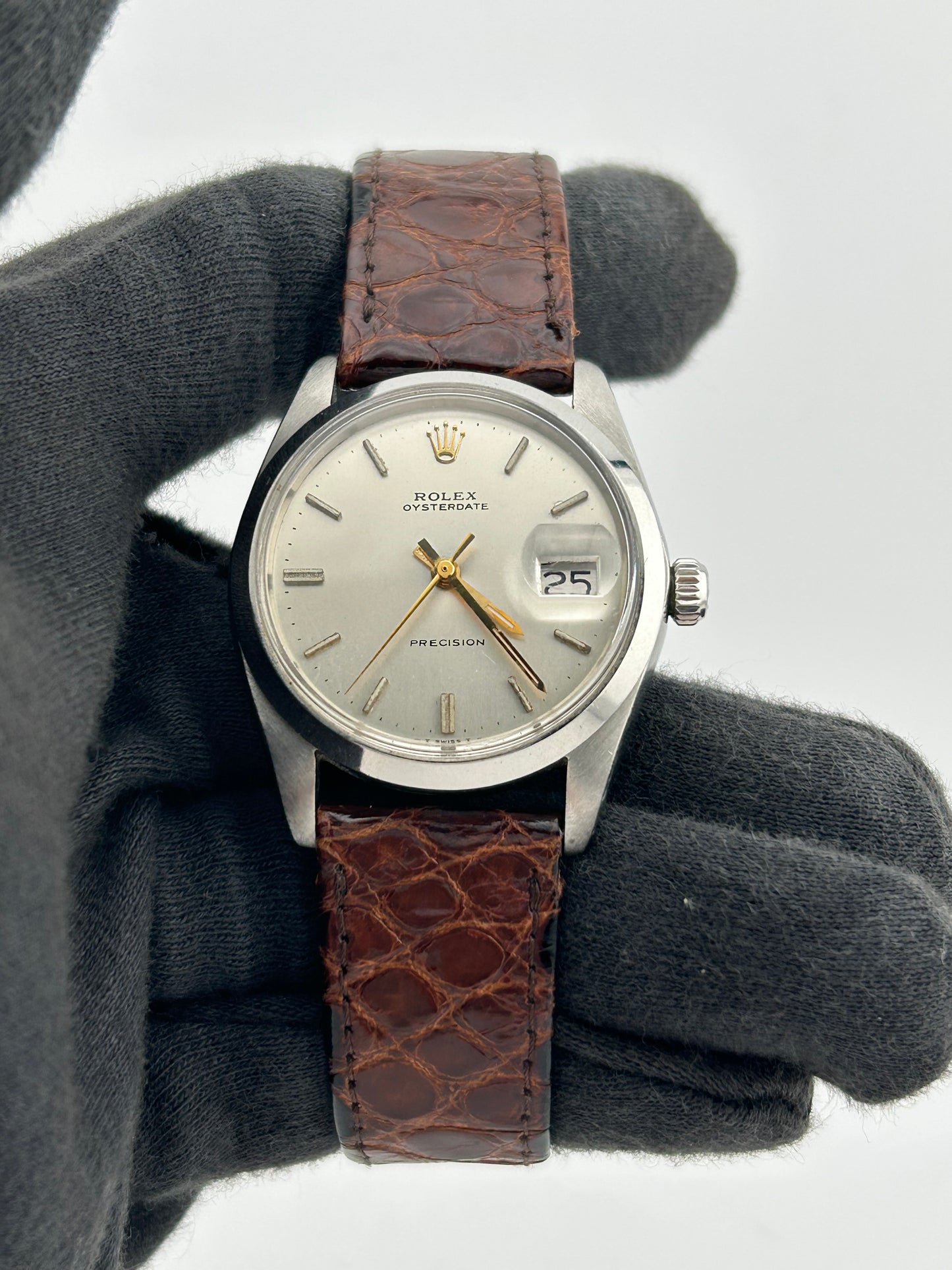 Rolex Oysterdate Precision Silver Stick Dial on Brown Leather Strap Ref. 6694 1978