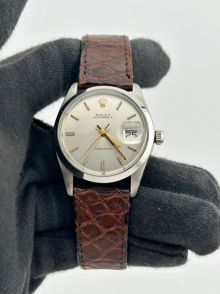 Rolex Oysterdate Precision Silver Stick Dial on Brown Leather Strap Ref. 6694 1978