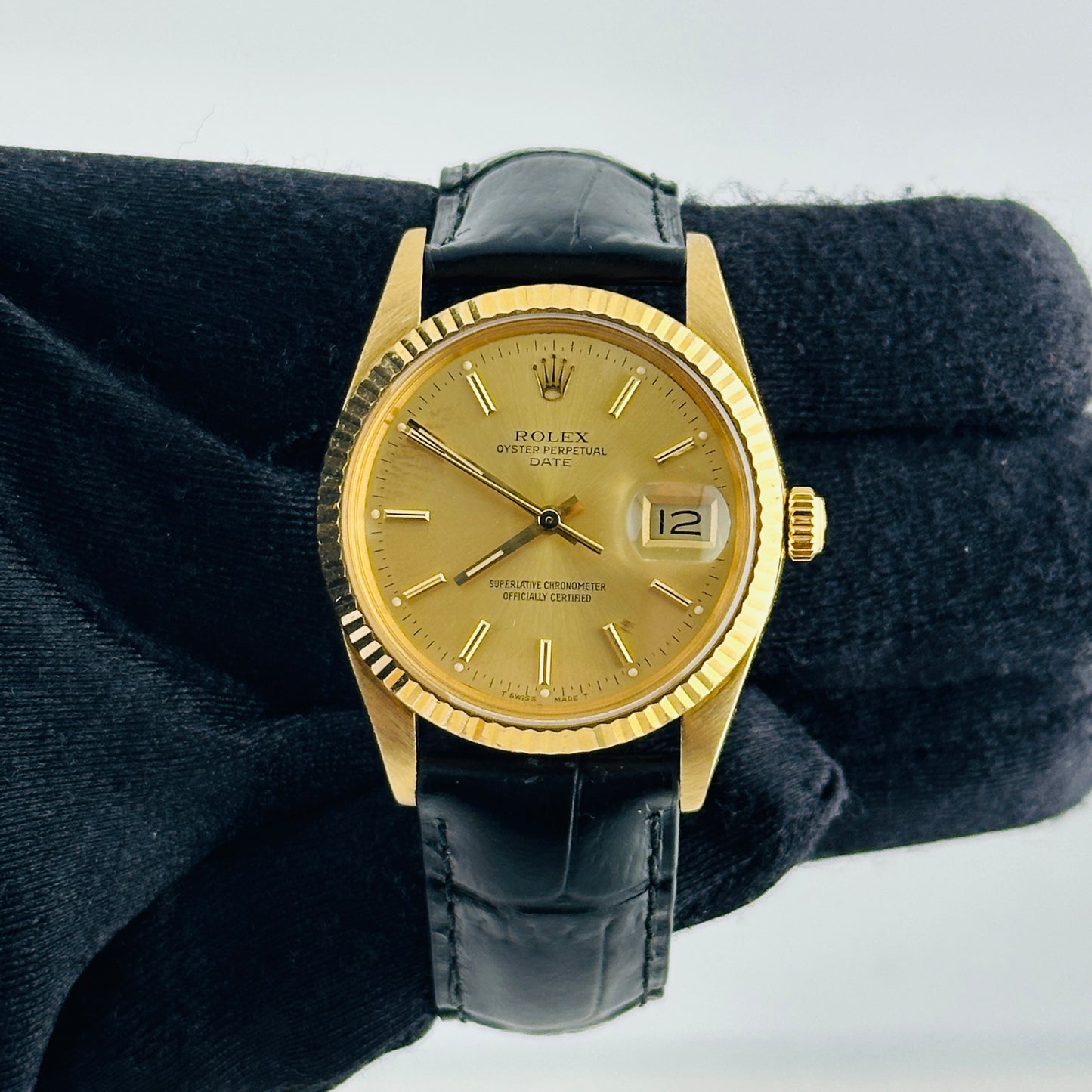 Rolex Oyster Perpetual Date Champagne Stick Dial on Generic Leather Band Ref. 15038 1988