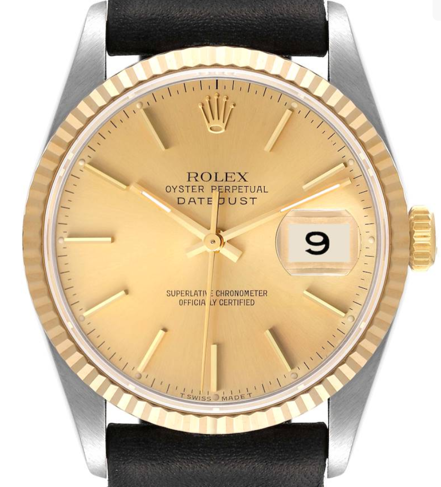 Rolex Datejust 36 Champagne Stick Dial on Generic Black Leather Strap Ref. 16233 1993