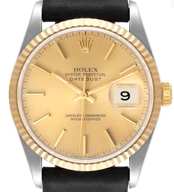 Rolex Datejust 36 Champagne Stick Dial on Generic Black Leather Strap Ref. 16233 1993