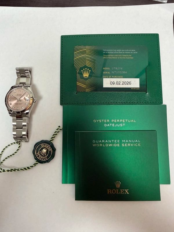 Rolex Datejust 31 Pink Diamond Dial on Oyster Ref 278274 with New Style Card Green 2026