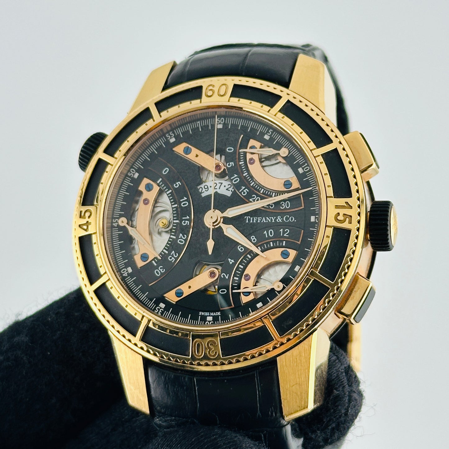 Tiffany & Co. Tri-Retrograde Black / Rose Dial on Leather Band Ref. T-57 — view 3