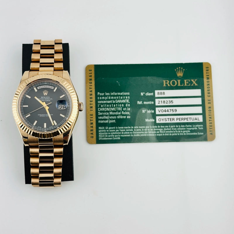 Rolex Day-Date Black Index Dial on President Ref 218235 with Card Old Green 2012