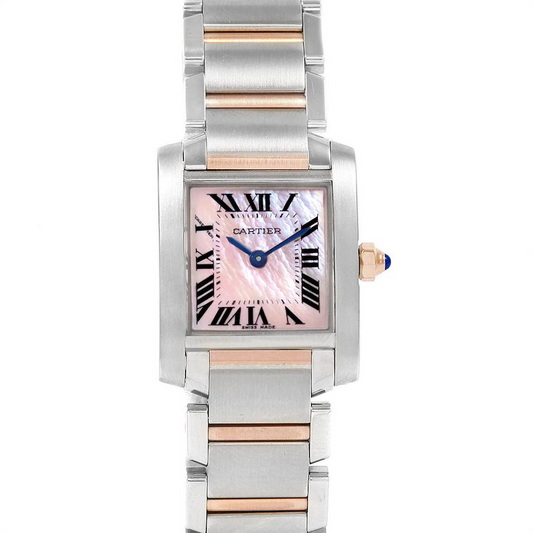 Cartier Tank Francaise Pink Mop / Roman Numerals Dial on 2 Tone Rose Gold & Stainless Steel Bracelet Ref. W51027Q4 Papers 2009