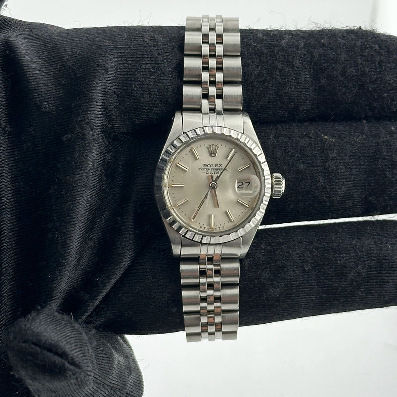 Rolex Oyster Perpetual Date Silver Stick Dial on Jubilee Ref 6924 with Papers 1976