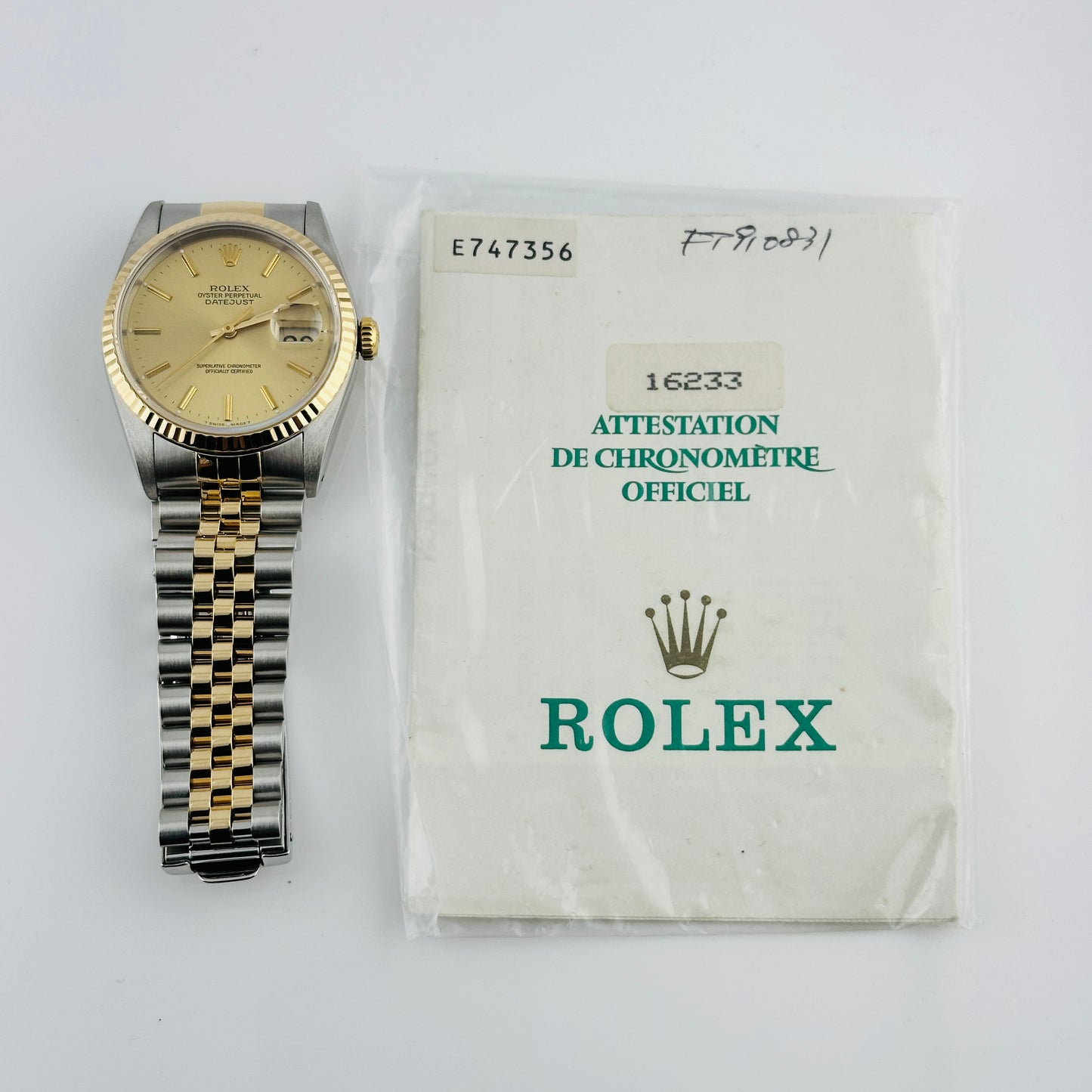 Rolex Datejust Champagne Stick Dial on D Link Jubilee Ref. 16233 Papers 1991 — view 5
