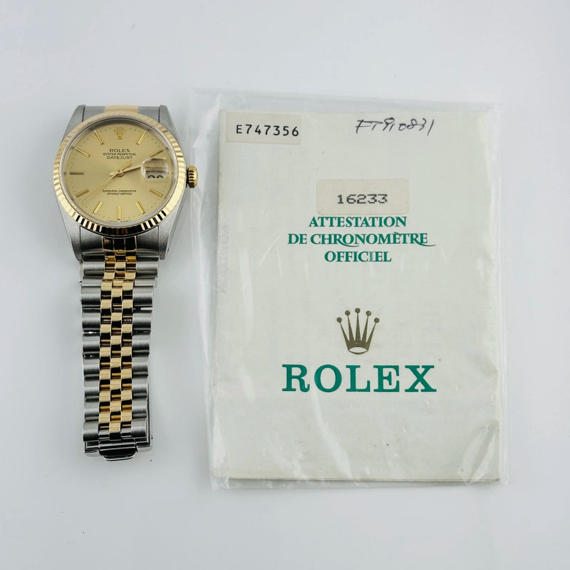 Rolex Datejust Champagne Stick Dial on D Link Jubilee Ref 16233 with Papers 1991
