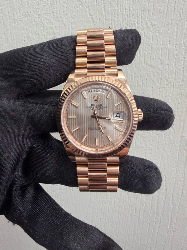 Rolex Day-Date 40 Sundust Strip Motif Index Dial on President Ref 228235 with New Style Card Green 2021