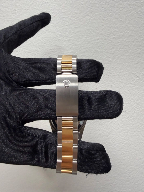 Rolex Oyster Perpetual Date Champagne Stick Dial on Strap Ref 15223 with Papers 1990