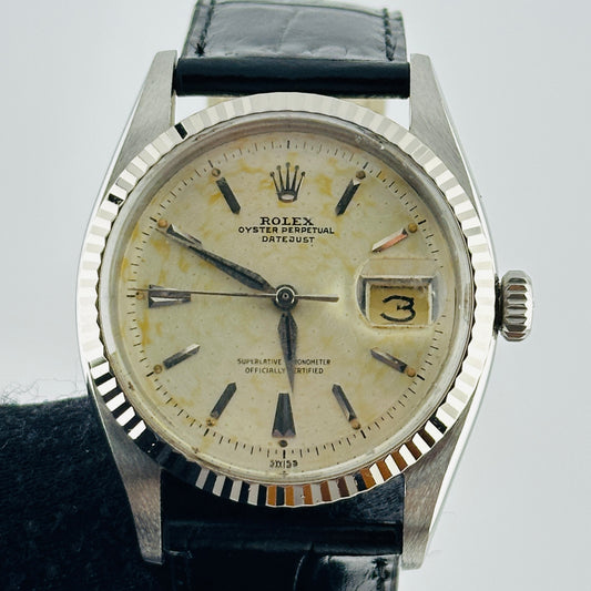 Rolex Datejust Silver Stick / Has Spots, Faded Dial on Generic Leather Band Ref. 6605