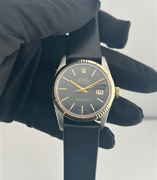 Rolex Datejust 36 Black Stick Dial on Generic Black Leather Band Ref. 16233
