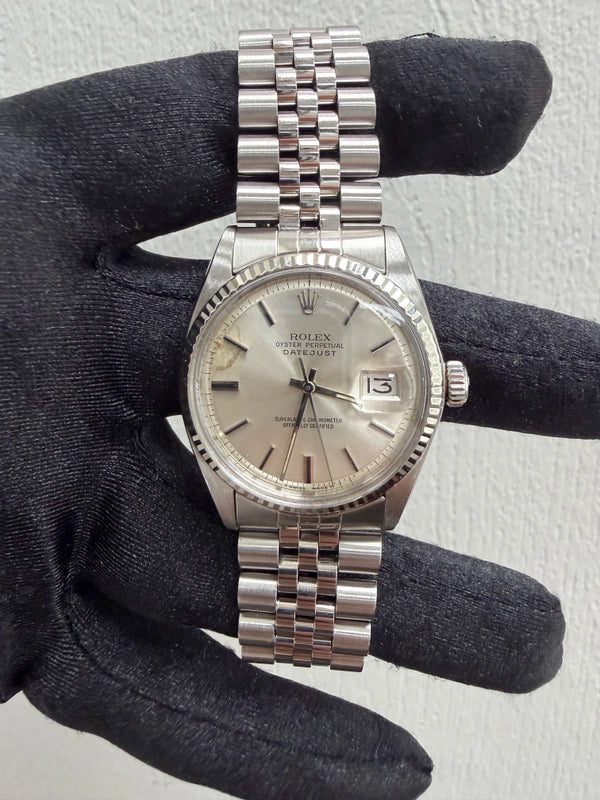 Rolex Datejust Silver Stick Dial on Jubilee Ref 1601/4 with Papers 1977