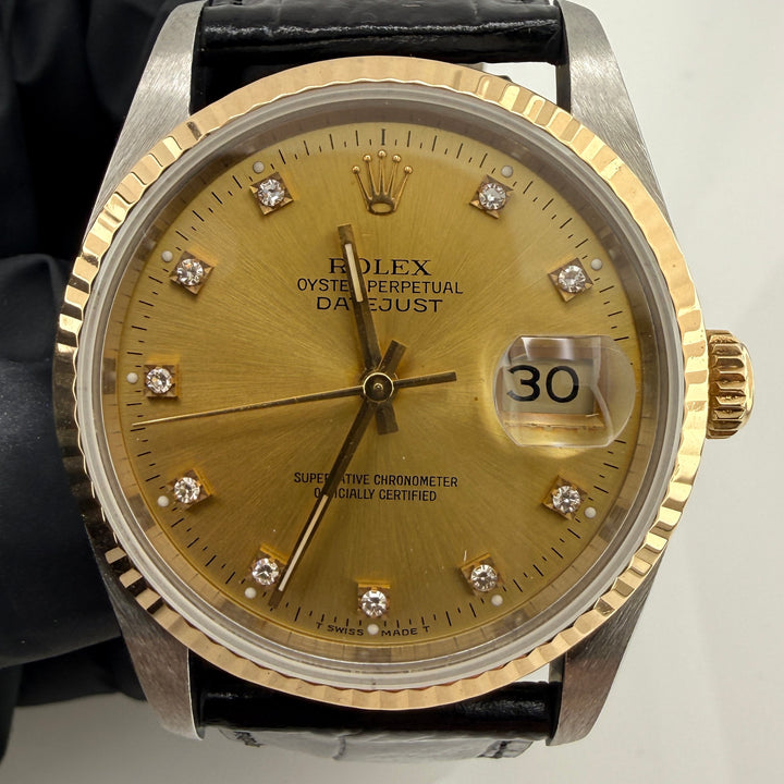 Rolex Datejust Champagne Diamond Factory Dial on Generic Black Leather Band Ref. 16233G 1991