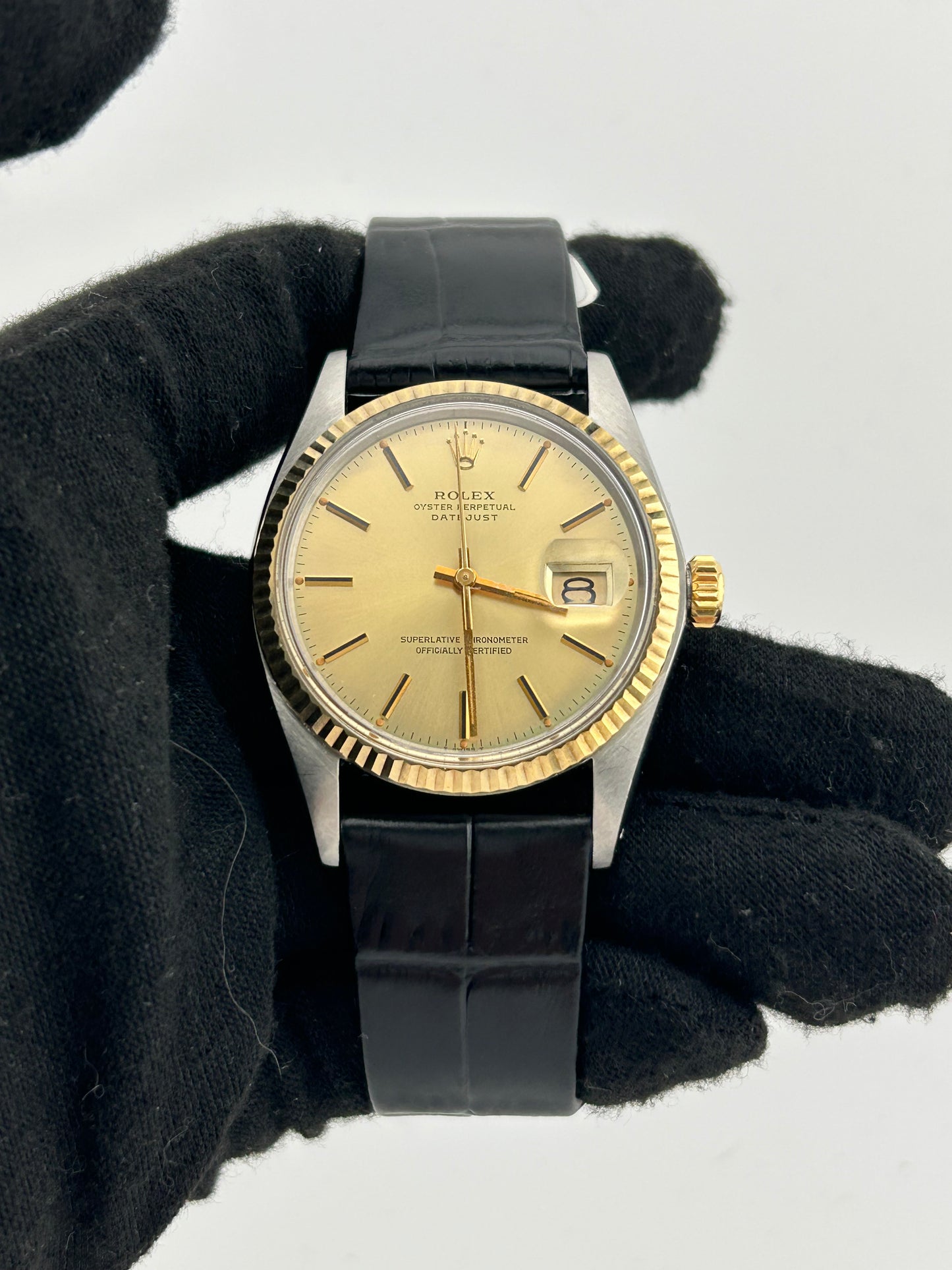 Rolex Datejust Champagne Stick Dial on Generic Black Leather Band Ref. 16013 1979