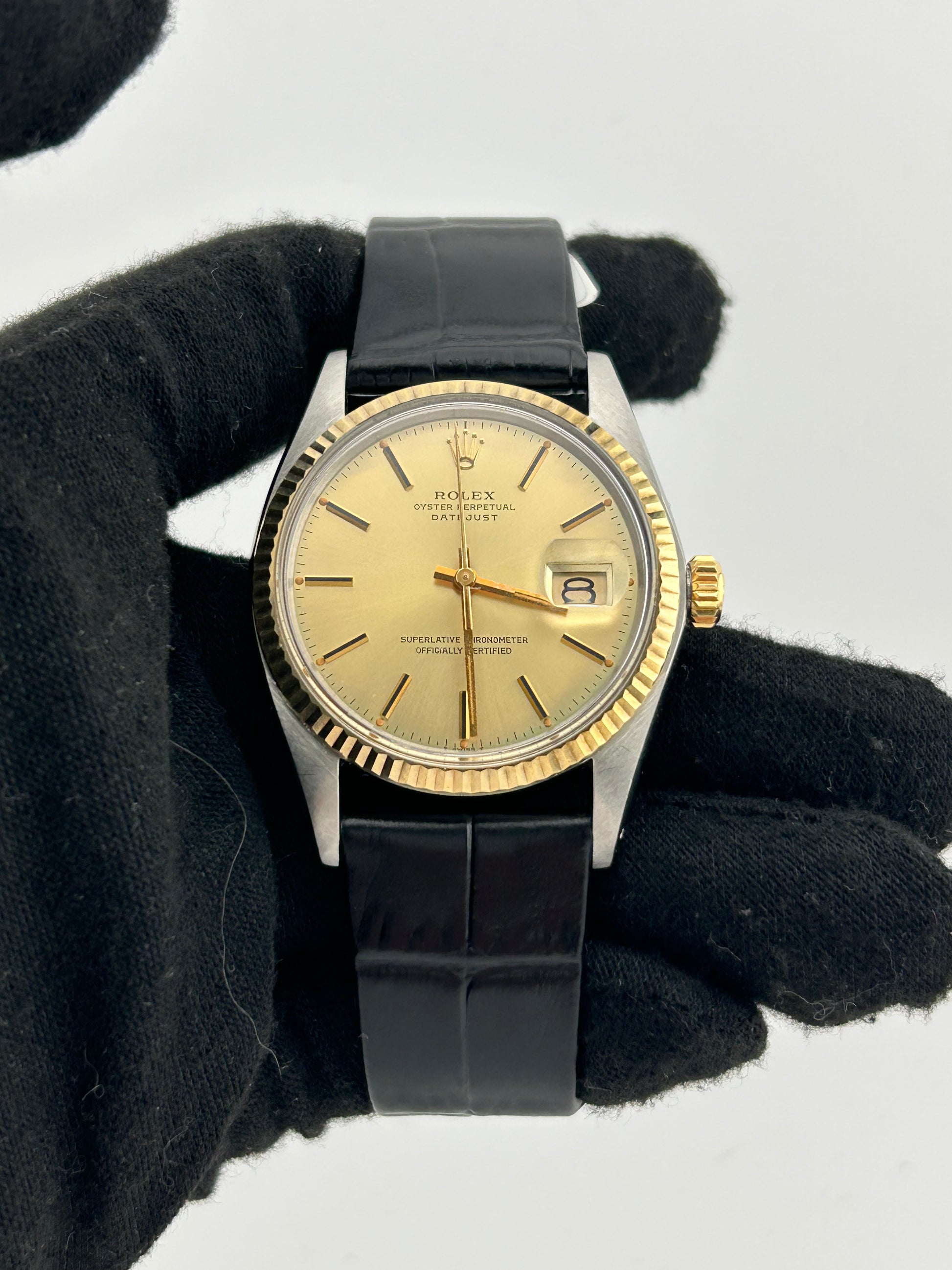 Rolex Datejust Champagne Stick Dial on Generic Black Leather Band Ref. 16013 1979