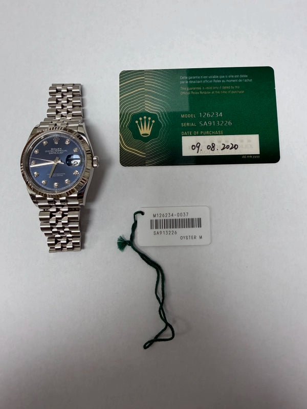 Rolex Datejust 36 Blue Diamond Dial on Jubilee Ref 126234 with New Style Card Green 2020