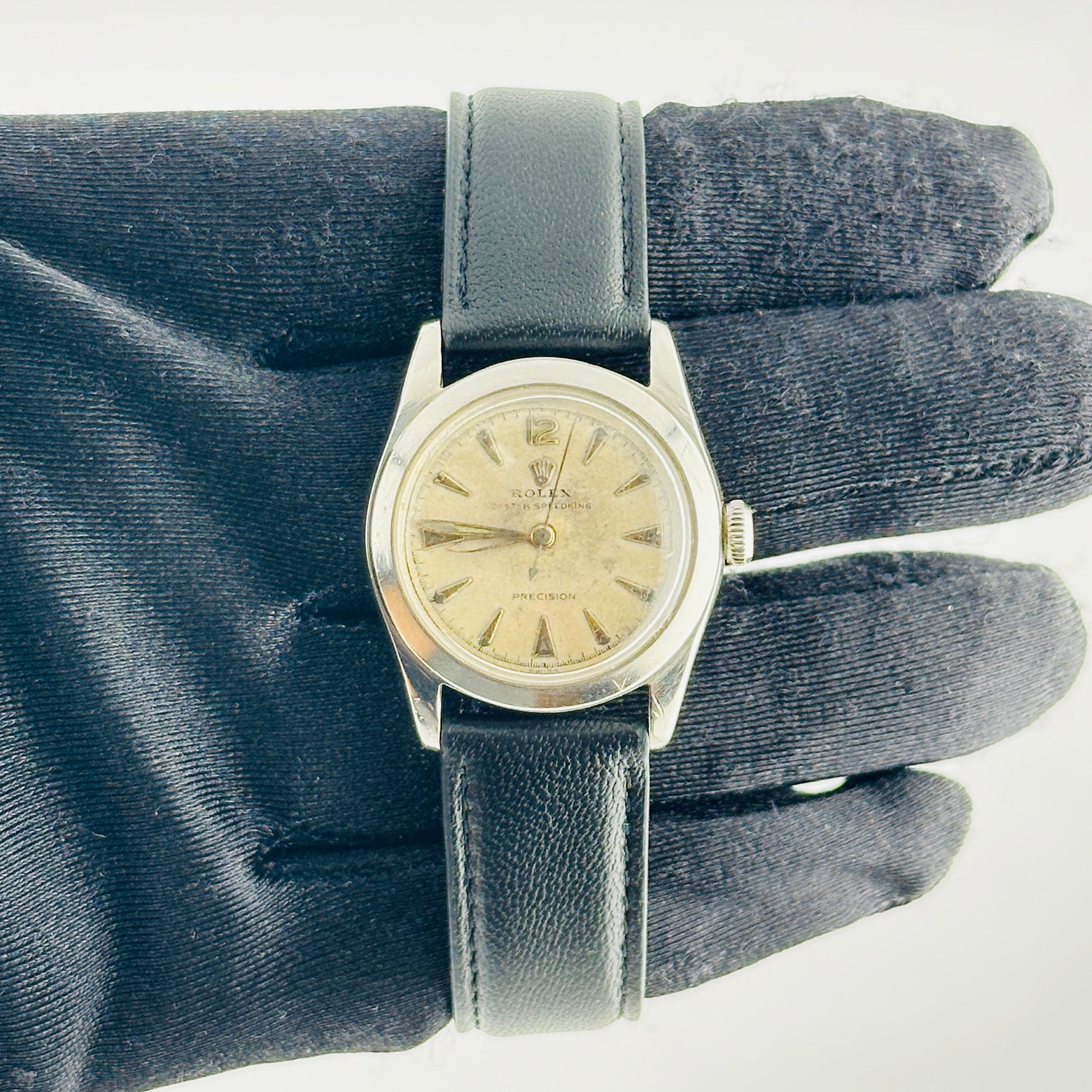 Rolex Oyster Speed-King Silver Stick / Has Spots, Faded Dial on Generic Leather Band Ref. 4220 1958