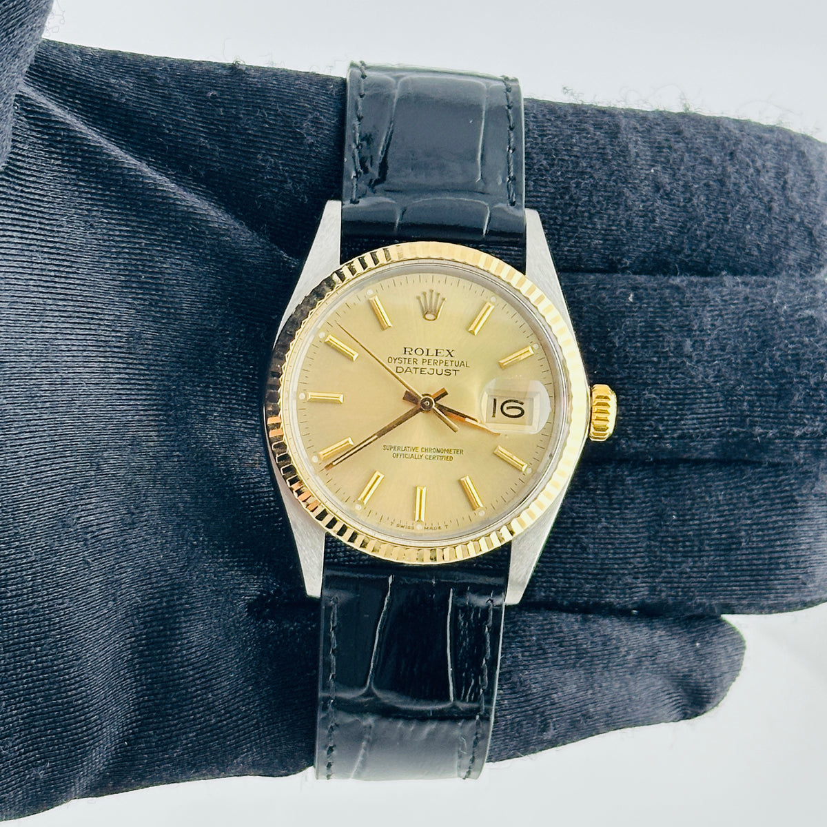 Rolex Datejust Champagne Stick Dial on Generic Leather Band Ref. 16013 1986 — view 3