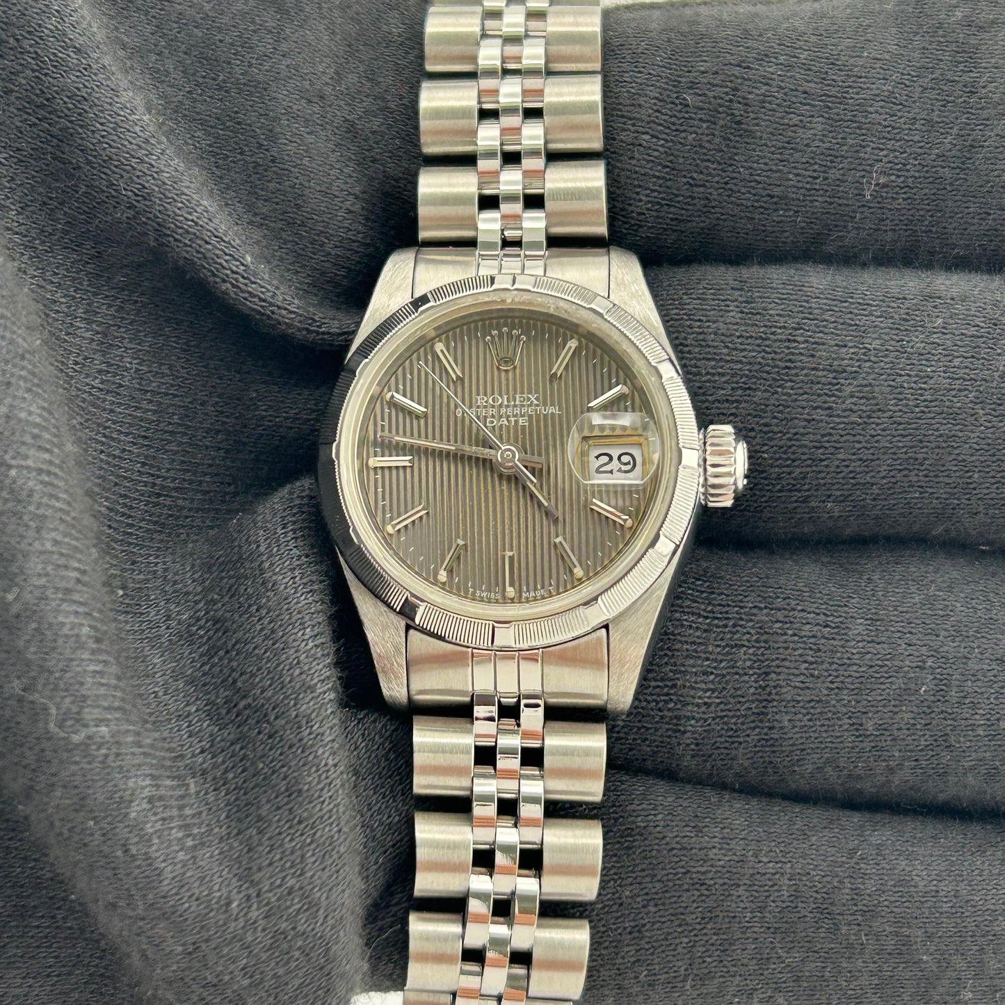 Rolex Oyster Perpetual Date Gray Tapestry Dial on Jubilee Ref. 69190 Papers 1989