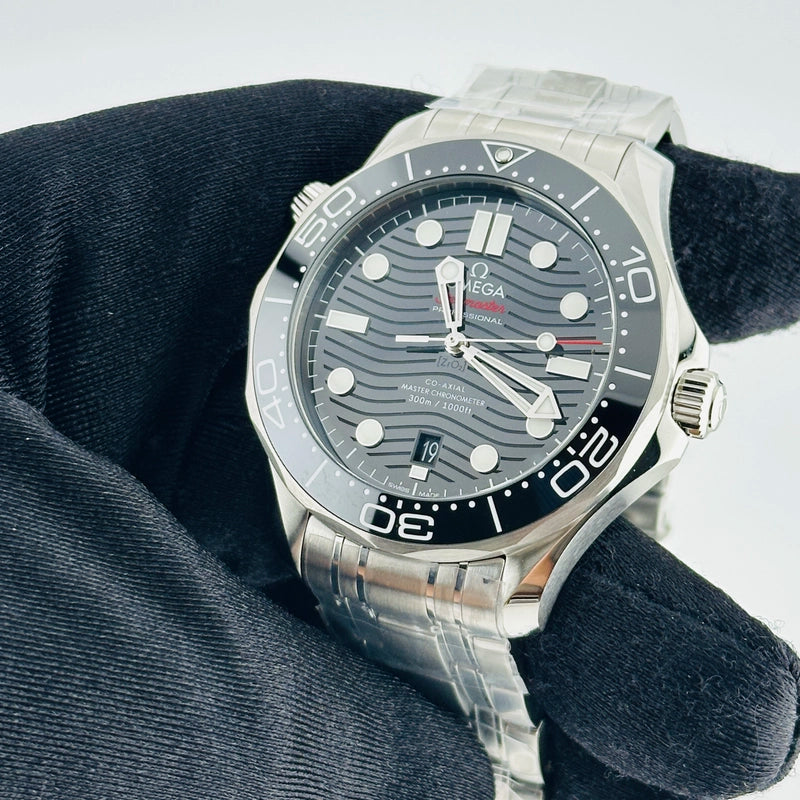 Omega Seamaster Diver 300M Co-Axial Master Chronometer Black Dial With Laser Engraved Waves Dial on Bracelet Ref 210.30.42.20.01.001 with Card