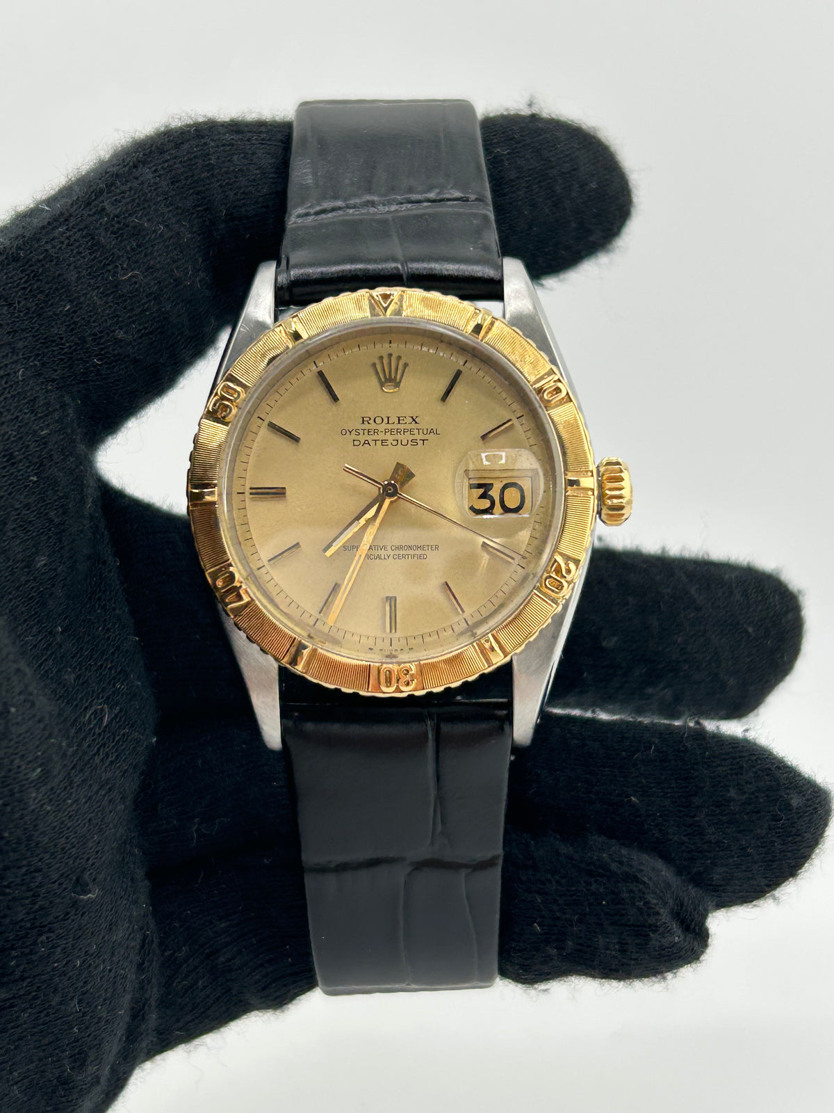 Rolex Datejust Turn-o-Graph Champagne Stick Dial on Generic Black Leather Band Ref. 6609 1958