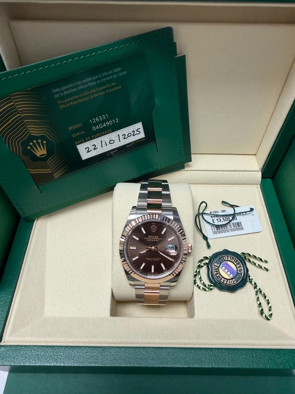 Rolex Datejust 41 Chocolate Index Dial on Oyster Ref 126331 with New Style Card Green 2025