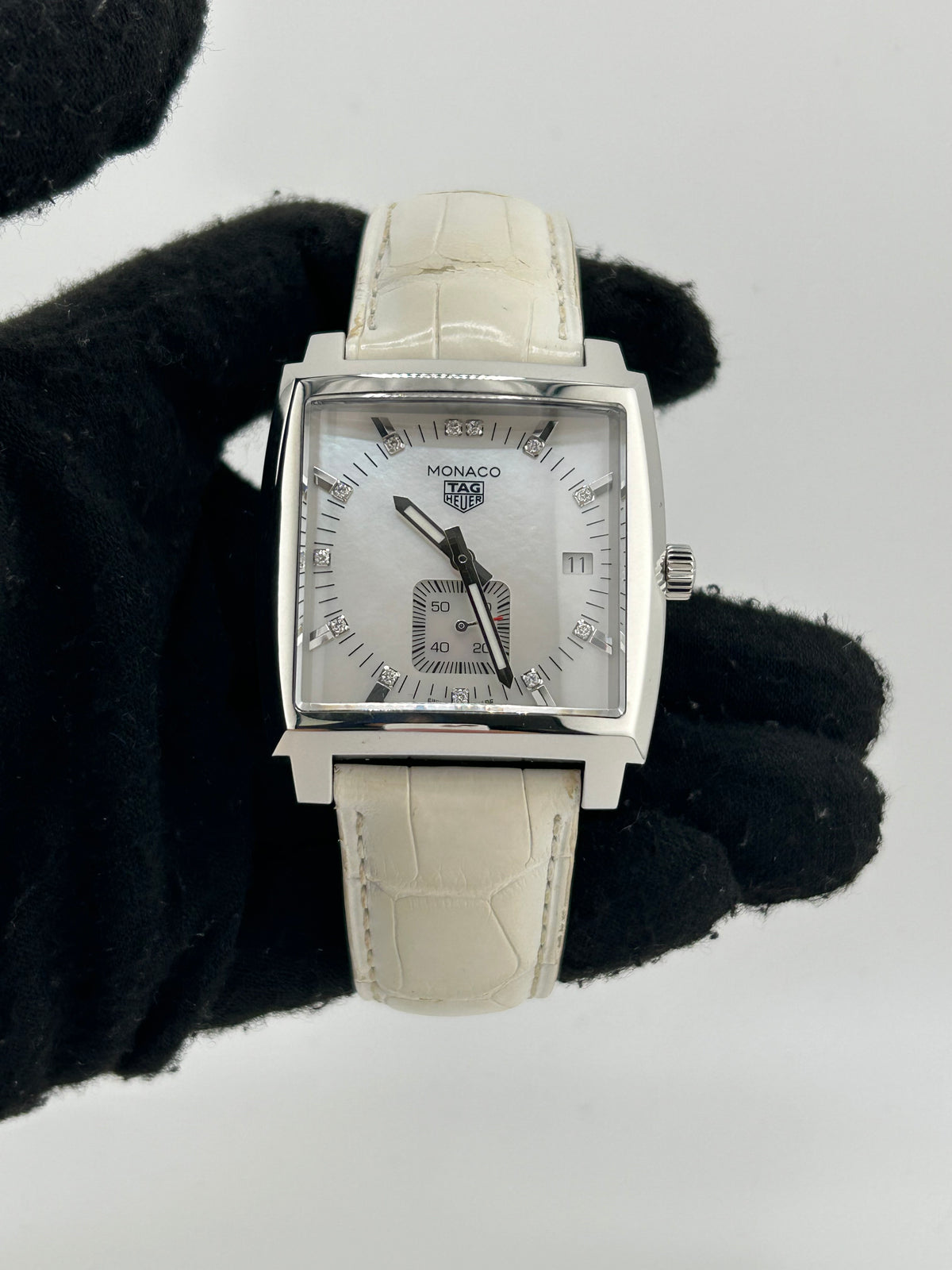Tag Heuer Monaco White Mop Diamond Dial on Leather Ref. WAW131B.FC6247 Complete Open Date — view 2
