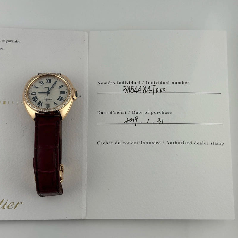 Cartier Cle Silver Roman Dial on Maroon Leather Ref 3854 with Papers 2019
