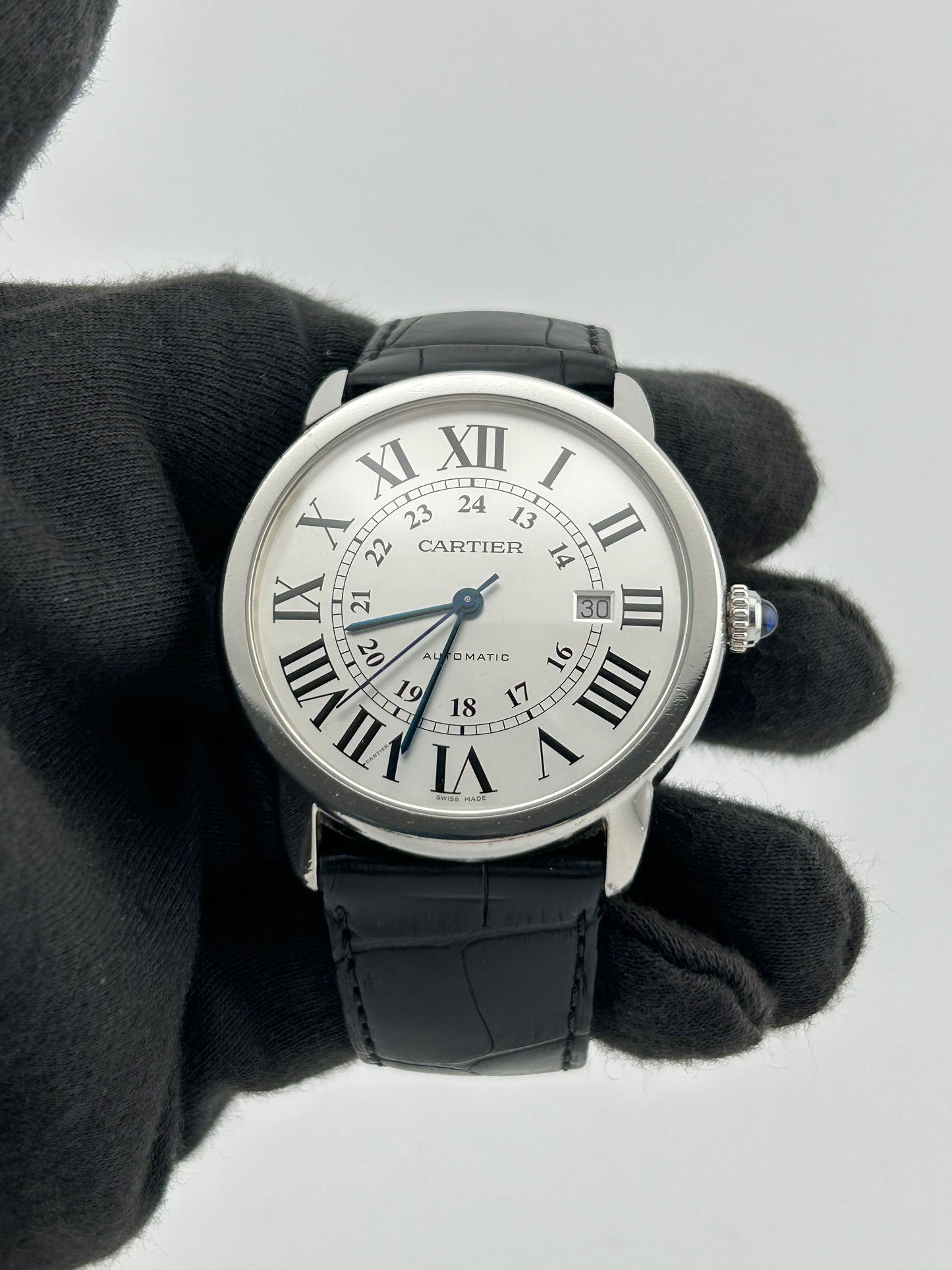 Cartier Ronde Solo Silver Roman Numerals Dial on Black Leather Band Ref. WSRN0022
