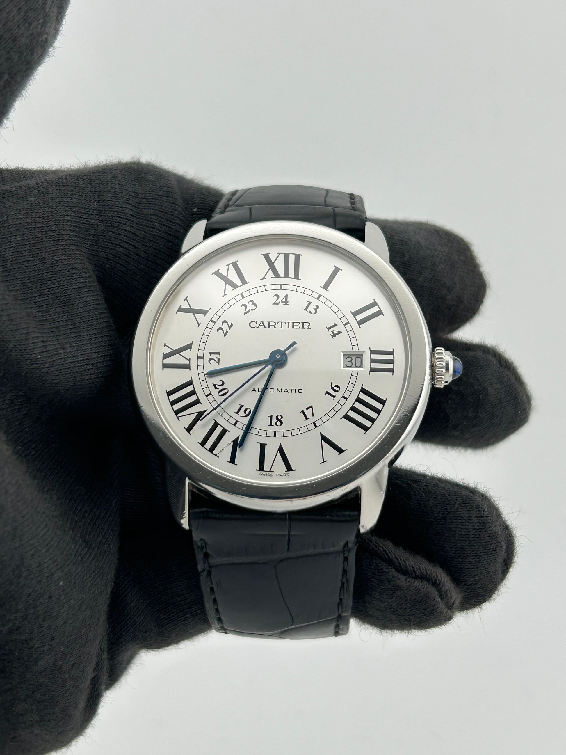 Cartier Ronde Solo Silver Roman Numerals Dial on Black Leather Band Ref. WSRN0022