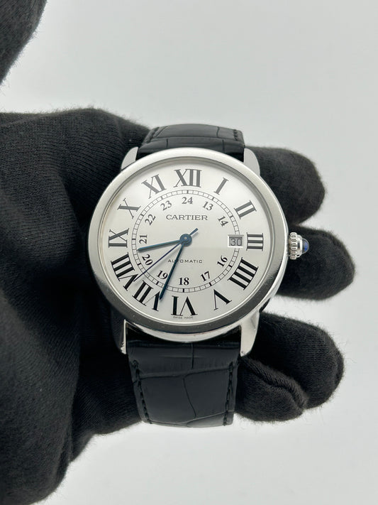 Cartier Ronde Solo Silver Roman Numerals Dial on Black Leather Band Ref. WSRN0022